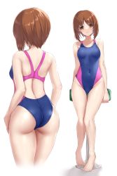Rule 34 | 1girl, absurdres, blue one-piece swimsuit, breasts, brown eyes, brown hair, commentary request, commission, competition swimsuit, covered navel, cowboy shot, girls und panzer, highres, looking at viewer, multiple views, ncontrail (mgax7527), nishizumi miho, one-piece swimsuit, short hair, simple background, sitting, skeb commission, small breasts, stool, swimsuit, two-tone swimsuit, wet, wet clothes, wet swimsuit, white background