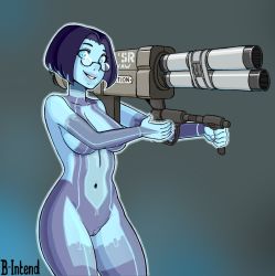 Rule 34 | 1girl, bintend9, breasts, cortana, female focus, glasses, halo (game), pussy, text focus, weapon
