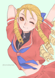 Rule 34 | 1girl, ;), arm up, blonde hair, blue bow, blue neckwear, bow, brown eyes, capcom, collared shirt, drill hair, floating hair, hair bow, kanzuki karin, long hair, looking at viewer, midriff, one eye closed, pleated skirt, red sailor collar, red shirt, red skirt, sailor collar, sailor shirt, shirt, short sleeves, sketch, skirt, smile, solo, stomach, street fighter, street fighter zero (series), tabby chan, twitter username, zipper