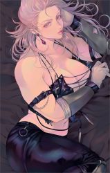 Rule 34 | 1girl, abs, artist request, bed, breasts, corset, dakimakura (medium), dorohedoro, earrings, jewelry, large breasts, long hair, looking at viewer, muscular, muscular female, navel, noi (dorohedoro), red eyes, simple background, solo, white hair