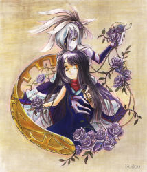 Rule 34 | 1girl, ahoge, beatrice (wild arms), black dress, breasts, colored skin, dress, dual persona, flower, hair flower, hair ornament, holding, holding flower, key, kudou (wil0830s), long hair, looking at viewer, open mouth, purple flower, purple hair, purple rose, purple skin, rose, sepia background, sidelocks, silver hair, sleeveless, sleeveless dress, smile, solo, turtleneck, wil0830s, wild arms, wild arms 3, yellow eyes