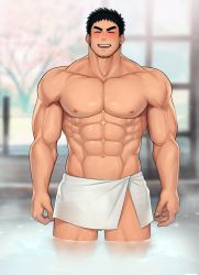 Rule 34 | 1boy, ^ ^, abs, absurdres, arms at sides, bara, blurry, blurry background, blush, cherry blossoms, closed eyes, facial hair, feet out of frame, goatee, highres, large pectorals, male focus, mature male, mikicat, muscular, muscular male, naked towel, navel, nipples, onsen, pectorals, senpai ga uzai kouhai no hanashi, short hair, sideburns, smile, solo, standing, steam, stomach, stubble, takeda harumi (shiromanta), thick thighs, thighs, towel, wading