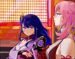 1girl 2girls :/ alohapz artist_name breasts bridal_gauntlets cleavage closed_mouth crossed_arms earrings genshin_impact girl_staring_at_guy&#039;s_chest_(meme) hair_ornament highres japanese_clothes jewelry long_hair looking_at_another medium_bangs meme multiple_girls parted_bangs pink_eyes pink_hair purple_hair raiden_shogun scene_reference sideboob upper_body yae_miko