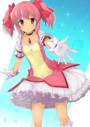 Rule 34 | 10s, 1girl, bow, brooch, choker, cowboy shot, gloves, gradient background, hair bow, highres, jewelry, kaname madoka, kneehighs, looking at viewer, magical girl, mahou shoujo madoka magica, mahou shoujo madoka magica (anime), mzrz, outstretched hand, pink eyes, pink hair, short hair, short sleeves, smile, socks, solo, sparkle, twintails, white gloves, white socks