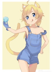 Rule 34 | 1girl, :q, ahoge, animal ear fluff, animal ears, bare arms, bare shoulders, blonde hair, blue gemstone, blue gloves, brown background, cat ears, cat girl, cat tail, closed mouth, collarbone, commentary request, eyebrows hidden by hair, gem, gloves, holding, long hair, low twintails, original, overall skirt, single glove, smile, solo, strap slip, tail, tamakorogashi, thigh gap, tongue, tongue out, twintails, two-tone background, watermark, web address, white background