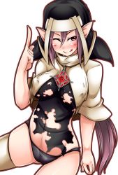 Rule 34 | 10s, 1girl, ;q, bad id, bad pixiv id, battle sister cocoa, black panties, blush, breasts, cardfight!! vanguard, covered erect nipples, habit, headdress, jewelry, large breasts, long hair, nun, one eye closed, oracle think tank, pako (moto paco), panties, pointing, pointing up, pointy ears, purple eyes, purple hair, simple background, skindentation, smile, solo, thighhighs, tongue, tongue out, torn clothes, underwear, white background, white thighhighs, wink