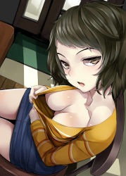Rule 34 | 1girl, breasts, brown eyes, brown hair, cleavage, cleavage reach, downblouse, from above, half-closed eyes, highres, kawakami sadayo, large breasts, long sleeves, looking at viewer, nemu (nebusokugimi), no bra, open mouth, persona, persona 5, shirt, short hair, sitting, skirt, solo, yellow shirt