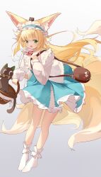 Rule 34 | 1girl, absurdres, animal, animal ear fluff, animal ears, animal on head, arknights, bag, basket, black cat, blonde hair, bloomers, blue skirt, brown bag, cat, commentary, fox ears, fox girl, gradient background, green eyes, grey background, headband, heixiu, highres, holding, holding basket, kitsune, kyuubi, long hair, long sleeves, looking to the side, luo xiaohei, luo xiaohei zhanji, multiple tails, ningmeng jing jing jing jing, no shoes, o o, official alternate costume, on head, open mouth, shirt, sidelocks, simple background, skirt, socks, suzuran (arknights), suzuran (spring praise) (arknights), tail, underwear, white bloomers, white headband, white shirt, white socks