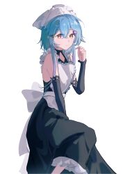 Rule 34 | 1boy, absurdres, alternate costume, apron, arknights, bare shoulders, black dress, black sleeves, blue hair, brown eyes, closed mouth, commentary request, crossdressing, detached sleeves, dress, enmaided, feet out of frame, frilled apron, frilled dress, frills, gradient hair, hair between eyes, hand up, head scarf, highres, long hair, long sleeves, looking at viewer, maid, male focus, mizuki (arknights), multicolored hair, purple hair, qizi1396, simple background, sleeveless, sleeveless dress, solo, very long hair, white apron, white background, white headwear