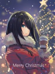 Rule 34 | 1girl, :o, black hair, christmas, christmas lights, christmas ornaments, christmas tree, coat, coffee cup, cup, disposable cup, fur collar, green eyes, highres, holding, holding cup, jacket, kittika thaworn, light particles, long hair, looking at viewer, merry christmas, night, night sky, open mouth, original, outdoors, red coat, red jacket, sky, solo, swept bangs