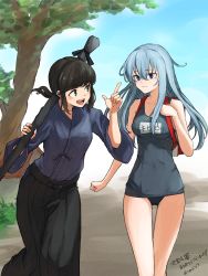 Rule 34 | 2girls, absurdres, bare arms, bare legs, bare shoulders, black hair, black hakama, black one-piece swimsuit, blue eyes, blush, character name, closed mouth, collarbone, commission, day, feet out of frame, fubuki (kancolle), green eyes, hair between eyes, hakama, hibiki (kancolle), highres, index finger raised, japanese clothes, kantai collection, long hair, multiple girls, name tag, one-piece swimsuit, open mouth, school swimsuit, short hair, short ponytail, silver hair, skeb commission, smile, swimsuit, teeth, tree, twitter username, umibudou, upper teeth only