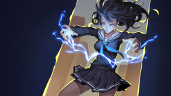 Rule 34 | 1girl, bad id, bad pixiv id, blue eyes, breasts, dutch angle, electricity, impossible clothes, impossible shirt, large breasts, long hair, negative space, original, pleated skirt, school uniform, serafuku, shirt, skirt, solo, yinanhuanle
