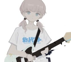 Rule 34 | 1girl, blue eyes, closed mouth, collarbone, copyright request, creatures (company), electric guitar, game freak, grey hair, guitar, highres, holding, holding guitar, holding instrument, instrument, looking at viewer, low twintails, medium hair, nintendo, orval, pokemon, shirt, short sleeves, simple background, solo, twintails, upper body, white background, white shirt