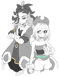 Rule 34 | 1boy, 1girl, adaman (pokemon), arm wrap, bracelet, closed mouth, coat, collar, collarbone, commentary request, creatures (company), crossed arms, dede (qwea 00000), eyebrow cut, eyelashes, game freak, greyscale, hair between eyes, hand up, hat, irida (pokemon), jewelry, korean commentary, long hair, monochrome, multicolored hair, neck ring, nintendo, open clothes, open coat, pokemon, pokemon legends: arceus, sash, shirt, shorts, sleeveless, sleeveless shirt, smile, split mouth, spot color, waist cape