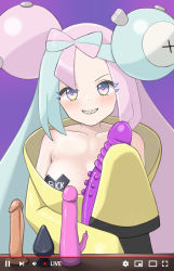 Rule 34 | 1girl, aqua hair, armpit crease, black jacket, black panties, blush, bow-shaped hair, breasts, butt plug, character hair ornament, chisamitsushi, clenched teeth, collarbone, creatures (company), cross pasties, dildo, forehead, fuck-me (text), fuck-me pasty, game freak, gen 1 pokemon, hair ornament, holding, holding sex toy, iono (pokemon), jacket, livestream, long sleeves, looking at viewer, magnemite, medium breasts, multicolored clothes, multicolored eyes, multicolored hair, multicolored jacket, nintendo, oversized clothes, panties, pasties, pink eyes, pink hair, pokemon, pokemon sv, profanity, purple background, sex toy, sharp teeth, sleeves past fingers, sleeves past wrists, smile, solo, split-color hair, teeth, too many, too many sex toys, two-tone hair, two-tone jacket, underwear, very long sleeves, wide sleeves, x x, yellow jacket
