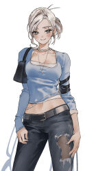 Rule 34 | 1girl, bag, belt, black belt, blue nails, blue shirt, breasts, brown eyes, brown hair, character request, check copyright, closed mouth, copyright request, cowboy shot, denim, highres, jeans, long sleeves, looking at viewer, midriff, navel, original, pants, shirt, sil435, simple background, smile, solo, torn clothes, torn jeans, torn pants, white background