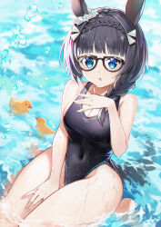 Rule 34 | 1girl, animal ears, baisi shaonian, bare shoulders, between legs, black-framed eyewear, black hair, black one-piece swimsuit, blush, braid, braided ponytail, breasts, cleavage, commentary request, crown braid, ear ornament, glasses, hair ornament, hand between legs, hands on own breasts, highleg, highleg swimsuit, highres, horse ears, horse girl, large breasts, looking at viewer, medium hair, one-piece swimsuit, parted lips, partially submerged, rubber duck, sitting, solo, swimsuit, umamusume, wariza, water, wet, zenno rob roy (umamusume)