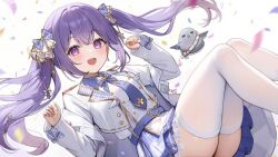 1girl aria_(ariacue) belt bird bow feet_out_of_frame hair_bow jacket long_hair looking_at_viewer necktie open_mouth purple_eyes purple_hair rutice skirt smile solo thighhighs twintails virtual_youtuber white_jacket white_thighhighs