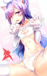Rule 34 | 1girl, animal ears, animal hands, azur lane, bad id, bad pixiv id, bell, blush, bra, breasts, cat cutout, cat ear panties, cat ears, cat lingerie, character name, choker, cleavage cutout, clothing cutout, collarbone, elbow gloves, fang, frilled bra, frills, gloves, hair bun, highres, jingle bell, long hair, looking at viewer, meme attire, navel, neck bell, open mouth, panties, paw gloves, purple eyes, purple hair, side-tie panties, side bun, silly (marinkomoe), single hair bun, single side bun, small breasts, solo, spread legs, sweat, thighhighs, underwear, underwear only, unicorn (azur lane), very long hair, white bra, white choker, white gloves, white panties, white thighhighs