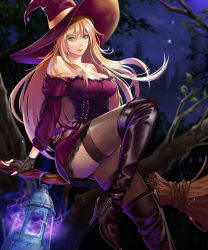 Rule 34 | 1girl, ackood, bare shoulders, black footwear, blonde hair, blurry, boots, breasts, broom, castle, cleavage, corset, depth of field, dress, fingerless gloves, flying, gloves, green eyes, hat, high heel boots, high heels, knee boots, lace, lace-trimmed dress, lace gloves, lace trim, lantern, large breasts, long hair, night, original, sitting, sitting on object, solo, thigh boots, thighhighs, tree, witch, witch hat