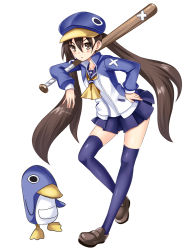 Rule 34 | 1girl, baseball bat, blue hat, disgaea, hat, hinata sora, kazamatsuri fuuka, legs, prinny, school uniform, solo, thighhighs, zettai ryouiki