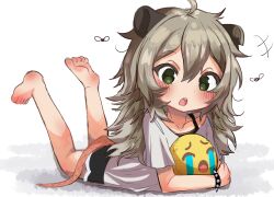 Rule 34 | 1girl, ahoge, bare legs, barefoot, black shorts, blush, borrowed character, bracelet, bug, crying emoji, emoji, feet, female focus, fly, green eyes, grey hair, highres, insect, jewelry, long hair, lying, macci (opossumachine), meme, messy hair, notched ear, on stomach, open mouth, original, p0kan1, possum ears, possum girl, possum tail, shirt, short shorts, shorts, soles, solo, spiked bracelet, spikes, the pose, toes, uohhhhhhhhh! (meme), white shirt