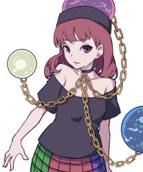Rule 34 | absurdres, black shirt, breasts, chain, earth (ornament), gold chain, hecatia lapislazuli, highres, kame (kamepan44231), moon (ornament), multicolored clothes, multicolored skirt, neck ruff, off-shoulder shirt, off shoulder, plaid, plaid skirt, red eyes, red hair, shirt, skirt, small breasts, solo, t-shirt, touhou