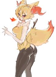 Rule 34 | 1girl, animal ear fluff, animal ears, animal nose, ass, black fur, blonde hair, body fur, braixen, breasts, breath weapon, breathing fire, creatures (company), fangs, female focus, fire, fox ears, fox girl, fox tail, from behind, furry, furry female, game freak, gen 6 pokemon, hair between eyes, hand up, highres, looking at viewer, looking back, multicolored fur, neck fur, nintendo, open mouth, panties, personification, pokemon, pokemon (creature), red eyes, short hair, sidelocks, simple background, sketch, small breasts, solo, standing, stick, tail, thighs, topless, tuna (lovemaxultra), underwear, v-shaped eyebrows, white background, white fur, white panties, yellow fur