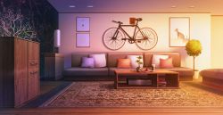 Rule 34 | bicycle, book, book stack, cabinet, couch, cup, cushion, day, highres, indoors, lamp, no humans, original, painting (object), plant, potted plant, rkmlady, rug, scenery, sunset, table