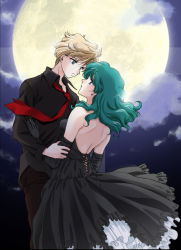 Rule 34 | 1990s (style), 2girls, aqua hair, arm grab, back, backless outfit, bad id, bad pixiv id, bare back, bare shoulders, bishoujo senshi sailor moon, black dress, black gloves, black shirt, blonde hair, blue eyes, cloud, couple, cross-laced clothes, cross-laced dress, dress, elbow gloves, eye contact, face-to-face, female focus, full moon, gloves, height difference, hug, kaiou michiru, long hair, looking at another, mizuki mario, moon, multiple girls, necktie, night, retro artstyle, reverse trap, shirt, short hair, strapless, strapless dress, ten&#039;ou haruka, very short hair, yuri