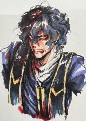 Rule 34 | 1boy, absurdres, black hair, blackfish, blood, blood from mouth, blood in hair, blood on clothes, blood on face, chinese commentary, clenched teeth, commentary request, curly hair, exposed brain, guro, hair between eyes, highres, horizontal pupils, male focus, saibou shinkyoku, shirt, short hair, simple background, solo, stole, teeth, traditional media, utsugi noriyuki, white background, white shirt, yellow eyes