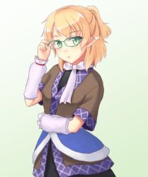 Rule 34 | 1girl, arm warmers, bespectacled, blonde hair, blush, closed mouth, cowboy shot, glasses, green-framed eyewear, green eyes, isaki (gomi), looking at viewer, mizuhashi parsee, one-hour drawing challenge, pointy ears, ponytail, short hair, short sleeves, solo, touhou