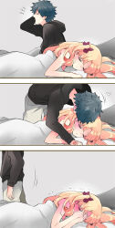 Rule 34 | 1boy, 1girl, 3koma, azumi (myameco), black hair, blonde hair, closed eyes, comic, commentary, covering face, ereshkigal (fate), fate/grand order, fate (series), fujimaru ritsuka (male), hair ribbon, hetero, kiss, long hair, lying, on stomach, open mouth, red ribbon, ribbon, short hair, symbol-only commentary, yawning