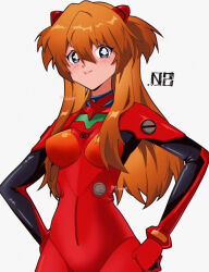 Rule 34 | 1girl, artist request, blue eyes, bodysuit, breasts, brown hair, cowboy shot, hair between eyes, hand in own hair, hands on own hips, long hair, looking to the side, medium breasts, narrow waist, neon genesis evangelion, plugsuit, red bodysuit, shiny clothes, shiny skin, simple background, smile, solo, souryuu asuka langley, turtleneck, two side up, wide hips