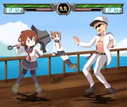 Rule 34 | 1boy, 2girls, admiral (kancolle), anchor, black eyes, black legwear, blonde hair, brown hair, closed mouth, cloud, crossover, day, dokan (dkn), fighting game, fighting stance, guilty gear, hair between eyes, hair ornament, hairclip, hat, health bar, holding, holding anchor, holding weapon, ikazuchi (kancolle), inazuma (kancolle), jacket, johnny (guilty gear), kantai collection, may (guilty gear), multiple girls, ocean, open clothes, open mouth, outdoors, pants, pantyhose, parody, red neckwear, sailor collar, school uniform, serafuku, shadow, shoes, short hair, skirt, socks, standing, sunglasses, teeth, uniform, video game, weapon