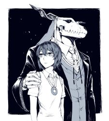 Rule 34 | 1boy, 1girl, aokamei, bolo tie, bright pupils, buttons, closed mouth, coat, collared shirt, dress shirt, elias ainsworth, eyelashes, gloves, greyscale, hair between eyes, hand on another&#039;s shoulder, hatori chise, highres, jacket, jewelry, looking ahead, looking to the side, mahou tsukai no yome, monochrome, necklace, shirt, short hair, short sleeves, sweater vest, vest, white pupils