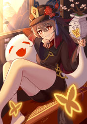 Rule 34 | 1girl, absurdres, blush, brown hair, bug, butterfly, closed eyes, fang, genshin impact, ghost, ghost tail, hat, highres, hu tao (genshin impact), insect, jewelry, legs, long sleeves, looking at viewer, open mouth, red eyes, ring, shorts, sitting, smile, symbol-shaped pupils, teeth, twintails, wide sleeves, wujingwushi