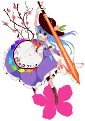 Rule 34 | 1girl, blouse, blue hair, boots, bow, bowtie, cherry blossoms, flaming sword, flaming weapon, food, foreshortening, fruit, full body, hat, highres, hinanawi tenshi, long hair, looking at viewer, nail polish, ngayope, open mouth, peach, puffy short sleeves, puffy sleeves, rainbow order, red eyes, red nails, shirt, short sleeves, skirt, solo, sword of hisou, touhou, white background