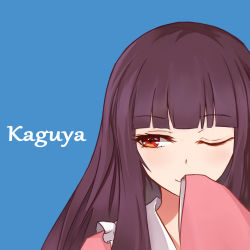 Rule 34 | 1girl, blouse, blue background, brown hair, character name, closed mouth, collar, hand up, highres, houraisan kaguya, long hair, long sleeves, looking to the side, no headwear, one eye closed, pink shirt, red eyes, shirt, simple background, smile, solo, touhou, upper body, wide sleeves, yongzhe mei hong