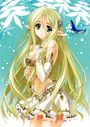 Rule 34 | 00s, 1girl, absurdres, aquarian age, bare shoulders, bird, blonde hair, breasts, carnelian, cleavage, detached collar, detached sleeves, earrings, eastern bluebird, elf, flower, green eyes, hand on own chest, highres, jewelry, long hair, looking at viewer, midriff, navel, original, parted lips, pointy ears, scan, skirt, solo, tattoo