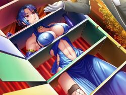 Rule 34 | 1boy, 1girl, alternate costume, bare shoulders, blue gloves, blue hair, breasts, breasts squeezed together, cleavage cutout, clothing cutout, collarbone, curvy, dress, elbow gloves, formal, game cg, gloves, high ponytail, highleg, highleg panties, hime cut, kagami hirotaka, large breasts, lilith-soft, long hair, looking at another, magician, navel, navel cutout, no bra, official alternate costume, panties, ponytail, red eyes, shiny skin, short dress, simple background, sweat, taimanin (series), taimanin murasaki, taimanin rpgx, thong, underwear, very long hair, wide-eyed, yatsu murasaki