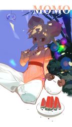 Rule 34 | 1girl, blonde hair, blouse, blue background, china dress, chinese clothes, cookie run, crossed legs, double bun, dress, eating, food, fruit, full body, hair bun, hand up, highres, leaf, long hair, looking at viewer, outdoors, panda, panda dumpling, pants, peach cookie, pink shirt, plate, popsicle, red eyes, shade, shirt, short sleeves, sitting, solo, stuffed toy, tree, watermelon, watermelon seeds, watermelon slice, white background, white pants, zhanjin
