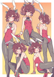 Rule 34 | 1girl, ahoge, animal ears, black bow, black bowtie, black pantyhose, bob cut, bow, bowtie, breasts, brown hair, cowboy shot, detached collar, fake animal ears, fang, full body, gluteal fold, headgear, high heels, highres, leotard, looking at viewer, multiple views, open mouth, pantyhose, playboy bunny, rabbit ears, rabbit tail, red eyes, red footwear, red leotard, short hair, skin fang, small breasts, smile, tail, tongue, tongue out, touhoku kiritan, voiceroid, wrist cuffs, yamamomo (plank)