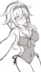 Rule 34 | 1girl, adapted costume, blush, breasts, casual one-piece swimsuit, cleavage, collarbone, commentary request, cowboy shot, greyscale, hairband, kantai collection, kuroten, lineart, long hair, looking at viewer, low twintails, medium breasts, monochrome, one-piece swimsuit, reaching, reaching towards viewer, selfie, shiratsuyu (kancolle), side-tie swimsuit, simple background, smile, solo, swimsuit, twintails, unfinished, wavy mouth