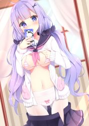 Rule 34 | 1girl, ahoge, azur lane, bikini, bikini top only, blush, bow, bow panties, breasts, cardigan, cellphone, cleavage, clothes lift, clothes pull, collarbone, hair ornament, hair scrunchie, hairclip, heart, heart-shaped pupils, highres, holding, holding phone, indoors, karaage3, large breasts, lifting own clothes, long hair, long sleeves, lowleg, lowleg panties, micro bikini, mirror, navel, open cardigan, open clothes, panties, panties under pantyhose, pantyhose, phone, pleated skirt, purple eyes, purple hair, purple skirt, reflection, sailor collar, school uniform, scrunchie, selfie, serafuku, shirt, shirt lift, skirt, skirt pull, smartphone, solo, standing, stomach, striped bikini, striped bikini top, striped clothes, swimsuit, symbol-shaped pupils, twintails, underwear, unicorn (azur lane), unicorn (long-awaited date) (azur lane), very long hair, white cardigan, white pantyhose, white shirt