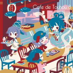 Rule 34 | 4girls, album cover, animal ears, blue dress, blue hair, blush, book, cafe, chair, checkerboard cookie, closed mouth, coffee, coffee cup, cookie, counter, cover, cup, disposable cup, dog ears, doughnut, dress, drink, closed eyes, fangs, feeding, flat color, floating, food, green hair, hair ornament, hair rings, hair stick, hanging light, hat, highres, holding, holding cup, holding spoon, holding tray, ice cream, ice cream float, japanese clothes, kaku seiga, kasodani kyouko, long sleeves, miyako yoshika, mononobe no futo, multiple girls, open mouth, pastry, pink dress, purple hair, red shirt, shawl, shinonoko, shirt, short hair, short sleeves, sitting, smile, spoon, table, tate eboshi, touhou, tray, walking