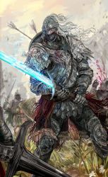 Rule 34 | 4others, ambiguous gender, armor, arrow (projectile), battle, blood, bloody wolf (elden ring), breastplate, elden ring, faulds, feet out of frame, fighting stance, full armor, gauntlets, glowing, glowing sword, glowing weapon, godrick soldier, grass, greaves, helmet, highres, holding, holding shield, holding sword, holding weapon, multiple others, nslacka, out of frame, outdoors, pauldrons, shield, shoulder armor, sword, tarnished (elden ring), weapon