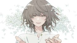 Rule 34 | 1boy, blue menouu, blush, bright pupils, brown eyes, commentary request, copyright request, flower, grey hair, hands up, highres, looking at viewer, medium hair, open mouth, petals, plant, shirt, smile, solo, white background, white flower, white pupils, white shirt