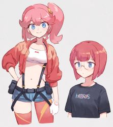 Rule 34 | 2girls, aina ardebit, asymmetrical legwear, belt pouch, blue eyes, breasts, cropped jacket, glasses, gloves, hand on own hip, heris ardebit, jacket, looking at viewer, medium breasts, midriff, multiple girls, navel, pink hair, pouch, promare, red jacket, red legwear, shirt, short hair, short shorts, shorts, siblings, side ponytail, sisters, small breasts, smile, soto, suspenders, t-shirt, uneven legwear, white gloves