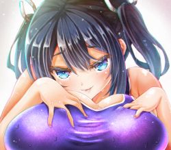 Rule 34 | 10s, 1girl, black hair, blue eyes, breasts, cyanomirahi, female focus, gradient background, highres, huge breasts, kantai collection, long hair, looking at viewer, pov, school swimsuit, seductive smile, smile, solo, souryuu (kancolle), swimsuit, twintails, upper body, wet